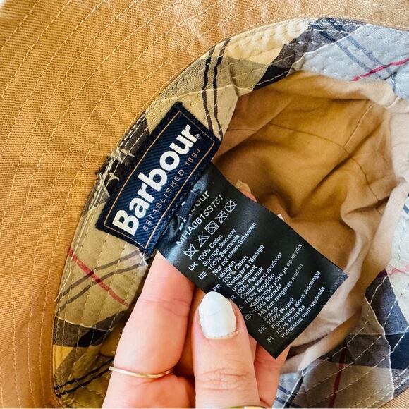 NEW BARBOUR Khaki Tan White Logo Cascade Floppy Packable Bucket Tartan Lined Hat - Picture 4 of 11